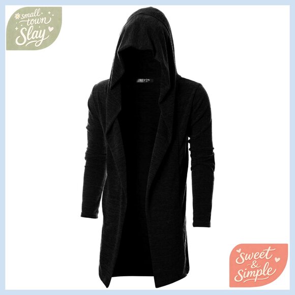 Men's Hooded Cardigan Shawl Collar Open Front Gothic Drape Design Slim Fit